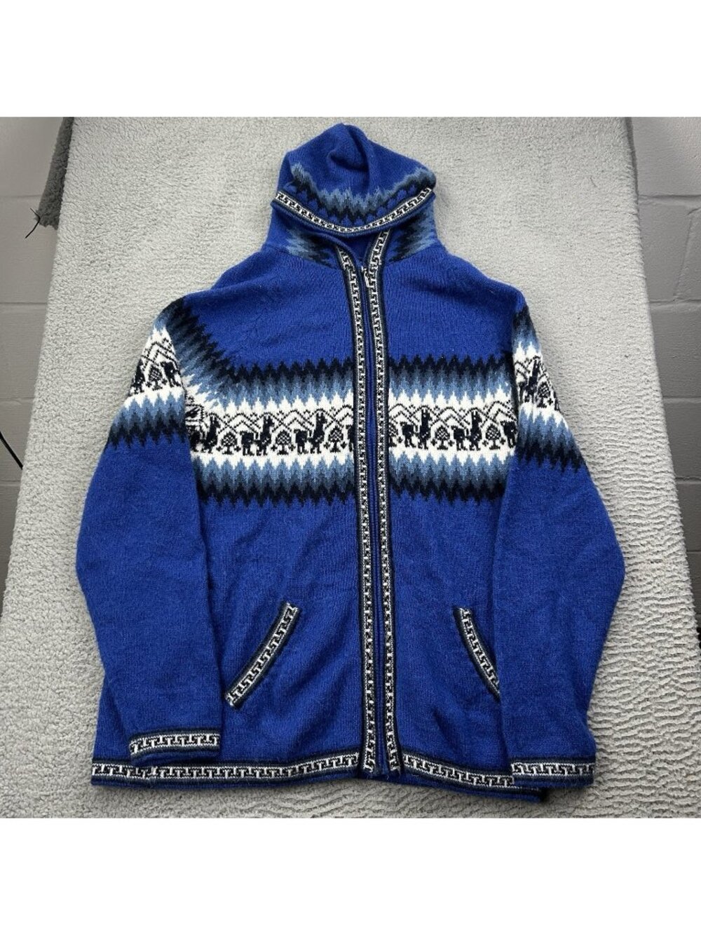 Alpaca Connection Full Zip Hoodie Sweater Blue Print Size Large Peru